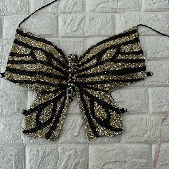 Windsor Beaded Butterfly Halter Top Strappy Back Sparkly Rhinestones Black/Gold - Picture 10 of 10